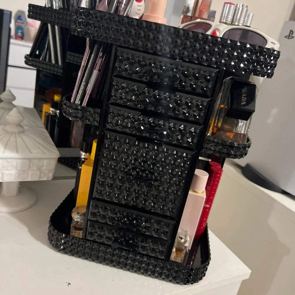 Elegant Rotating Black Crystal Makeup Organizer